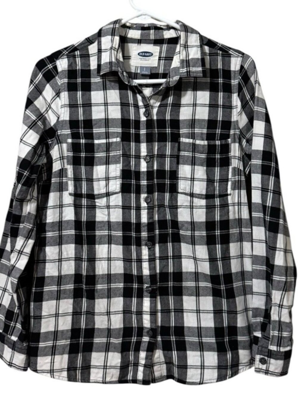 Old Navy Women Size Small Button Down Long Sleeve Flannel‎ Shirt Black & White